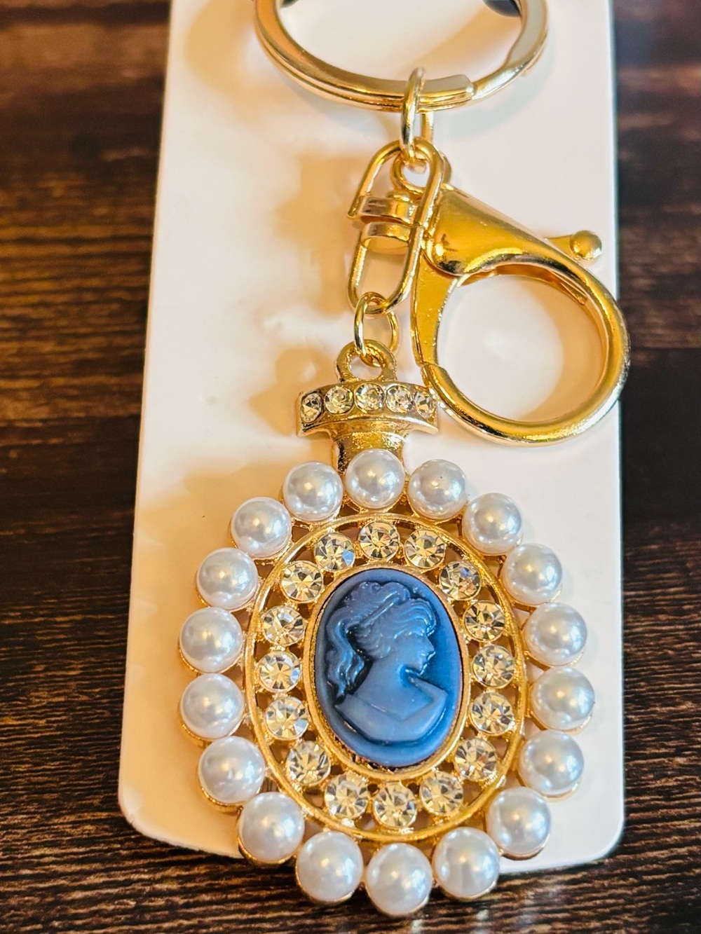 Gold Tone Blue Cameo Keychain with Pearl Accents